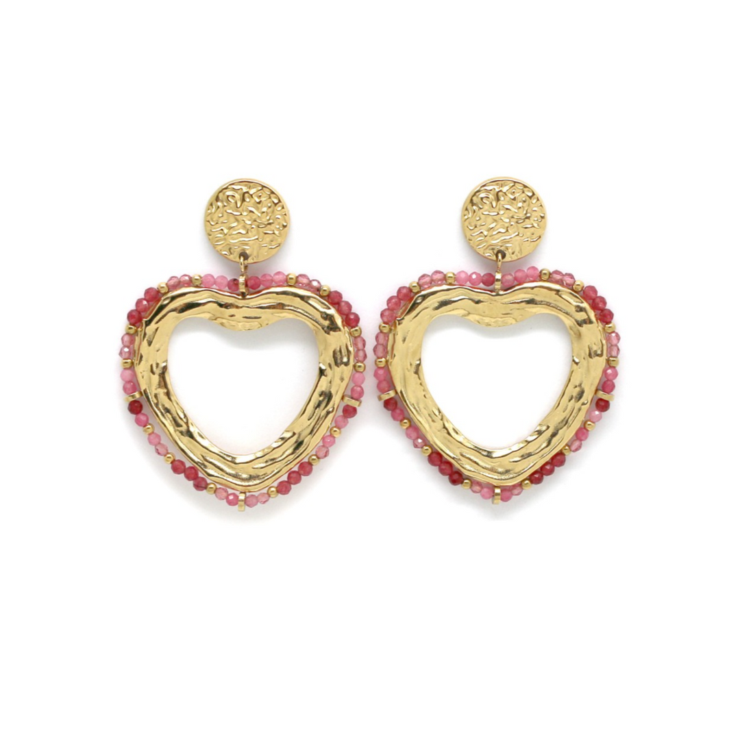 PINK TOURMALINE DECORATED HEART  EARRINGS
