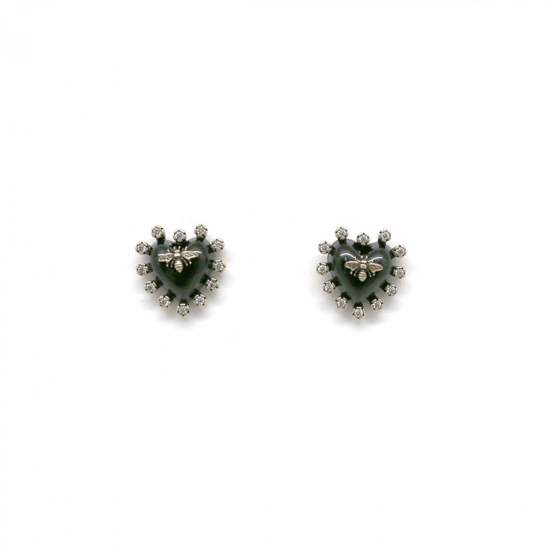 Black heart earrings with bee