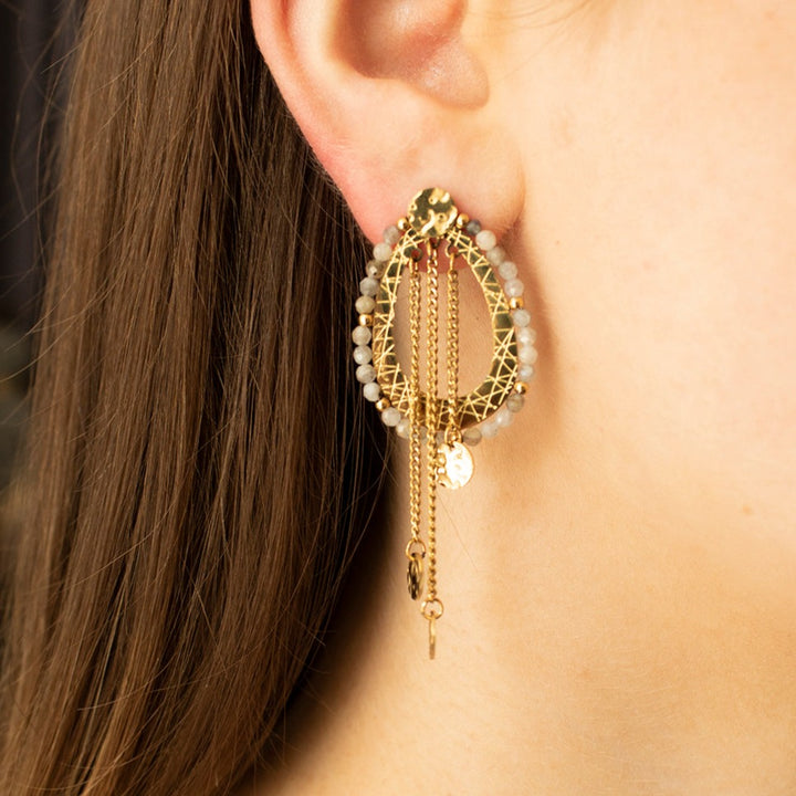 Earrings 3 chains sequin labradorite